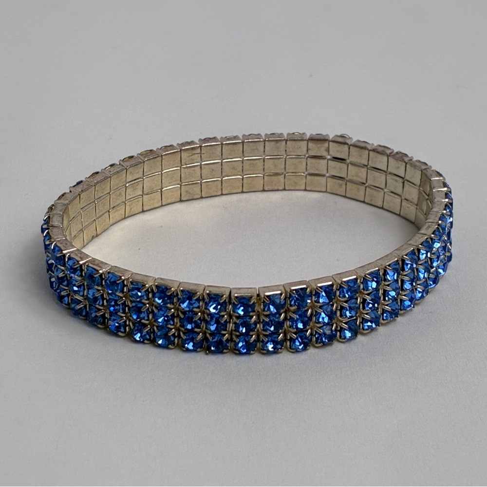Blue Rhinestone Bracelet Three Row Expansion Band 7 Inch Stretchy - Picture 8 of 10